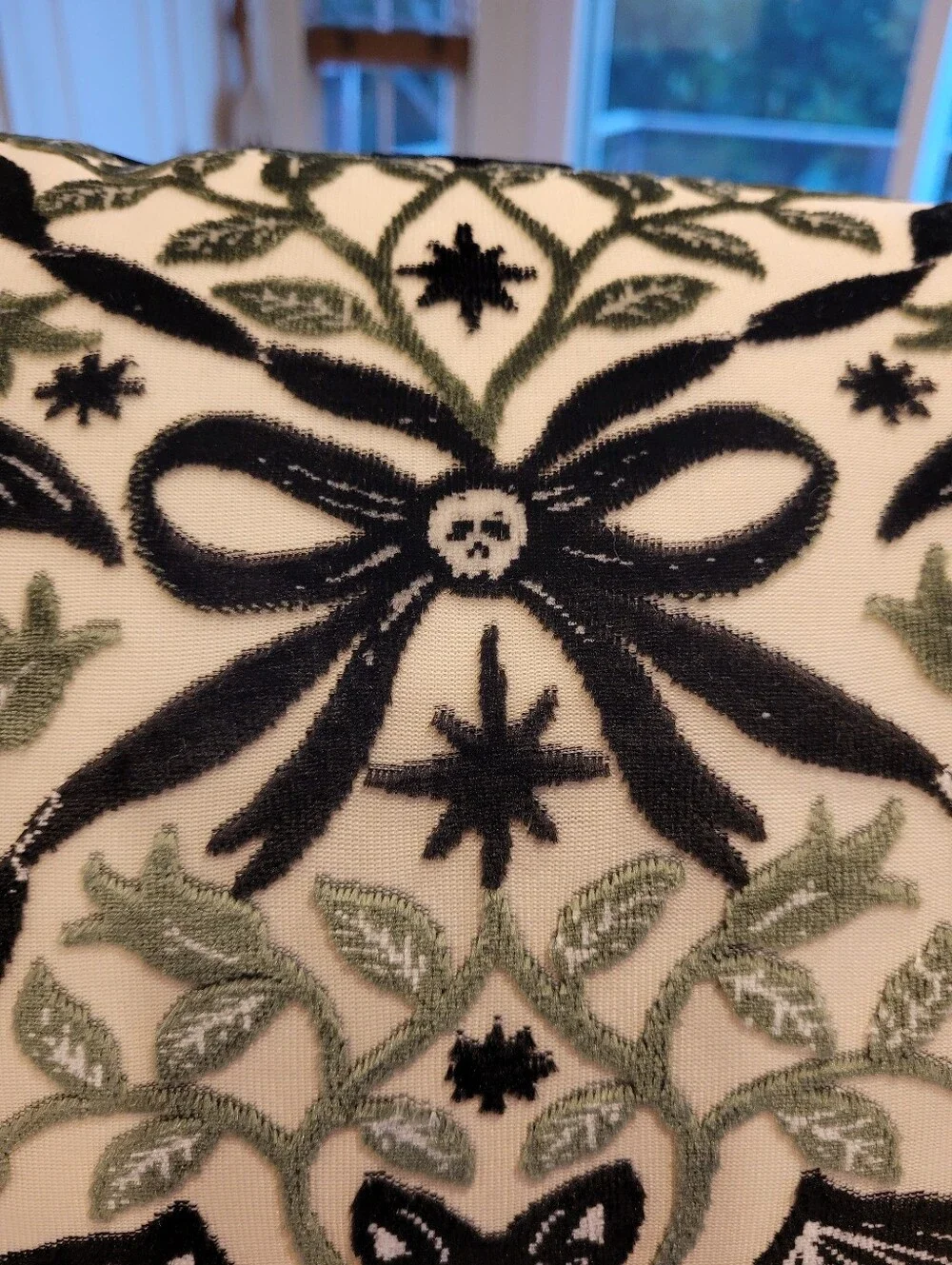 NEW Tahari Home Bat & Skull Bow Velour Lumbar Pillow - Black Cream And Green